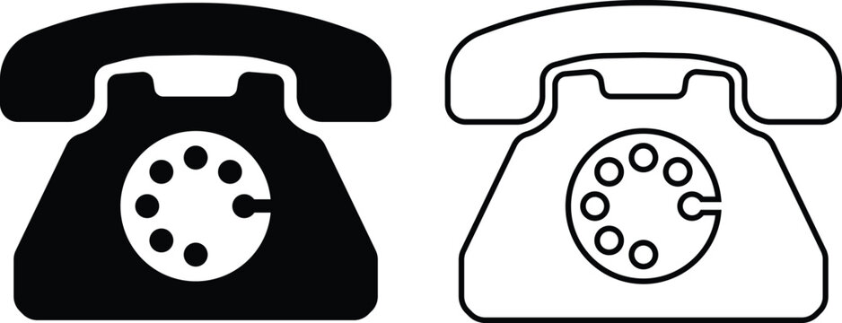 Rotary telephone silhouette and outline icon set, Vintage phone communication symbols, Classic telecommunication collection