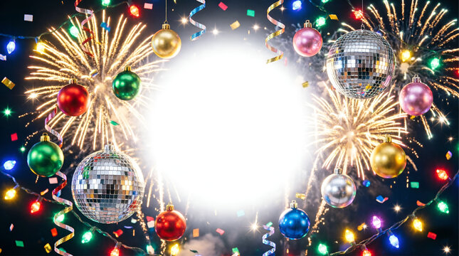 christmas banner. invitaion card. new year party background with disco balls fireworks
