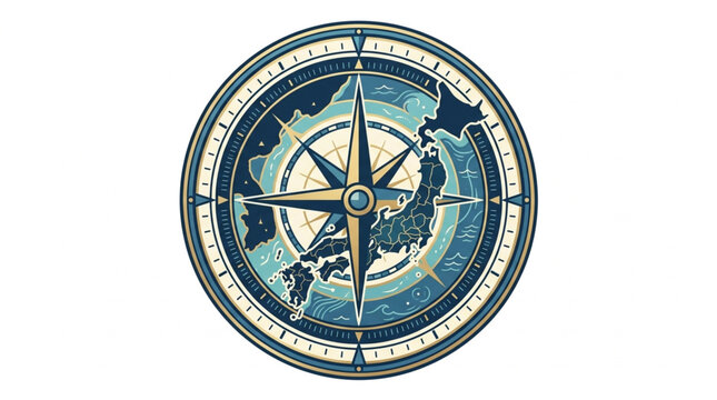 Vintage Compass Rose with World Map Detail.