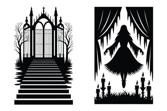 Gothic cemetery gate and floating ghostly figure silhouette vector with cemetery