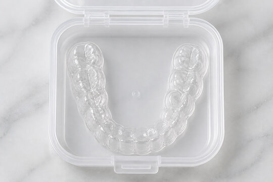 A clear, custom-fitted dental aligner tray is displayed inside a white plastic case on a marble surface.