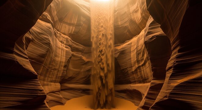 Sand falling like a stream inside a dark canyon cave.