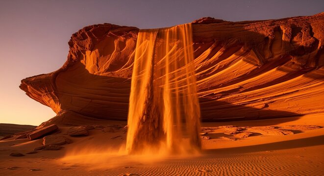 Sand waterfall pouring from desert rock at sunset.