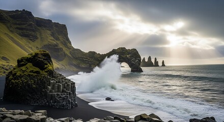A massive ocean wave crashing against a black sand beach near a giant natural stone arch rock formation under a moody cloudy sky.