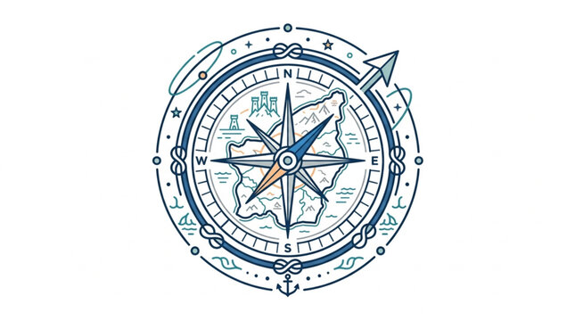 Vintage Nautical Compass Rose with Map Detail.