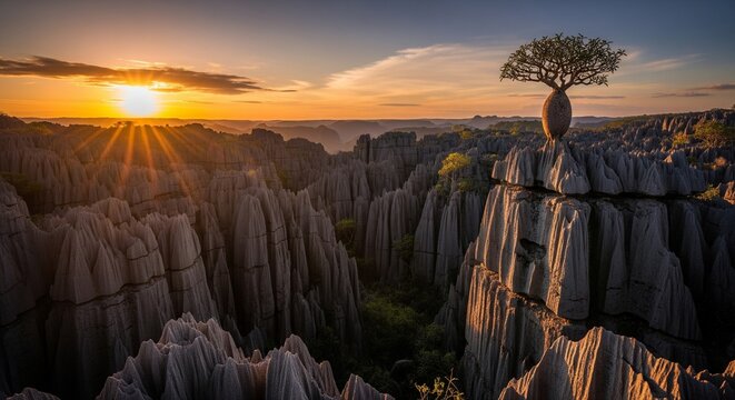 A dramatic golden sunset over a sharp limestone canyon landscape with a single unique baobab tree standing on a rocky cliff edge.