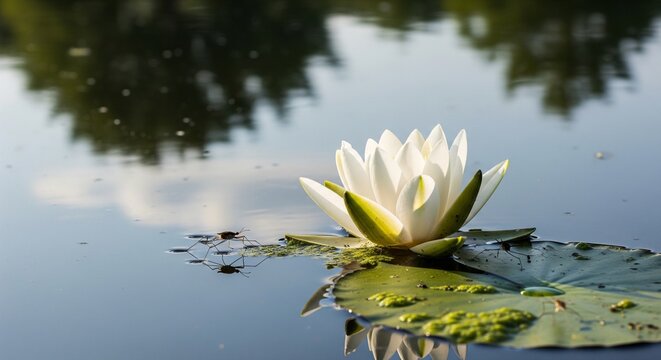 A serene shot of a single white water lily blooming on the calm surface of a pond, with green lily pads around it and reflections of trees in the blue water. Water strider insects are visible on the s