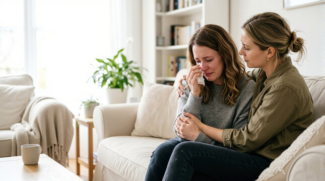 Comforting friend during difficult times with support and empathy on cozy couch. Emotional connection depicted while one friend comforts another through tough situation.
