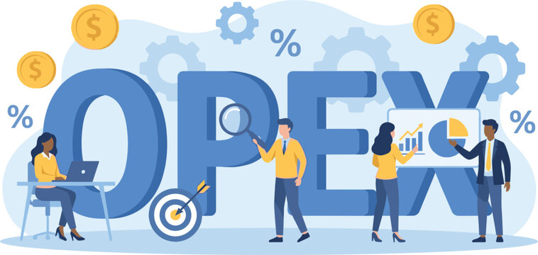 Business team analyzing operational expenditure and managing financial budget optimization near big OPEX letters