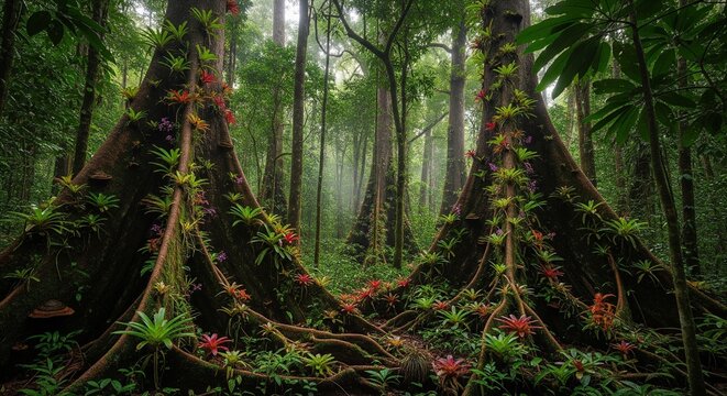 Twin massive ancient trees with wide roots covered in green moss and blooming red bromeliad flowers in a misty tropical rainforest.