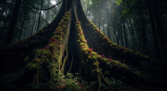 A massive, ancient tree trunk with giant buttress roots covered in moss and flowers inside a dark, mysterious deep jungle forest.