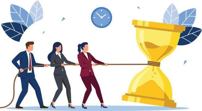 Business team pulling rope together to stop a large hourglass for time management deadline concept