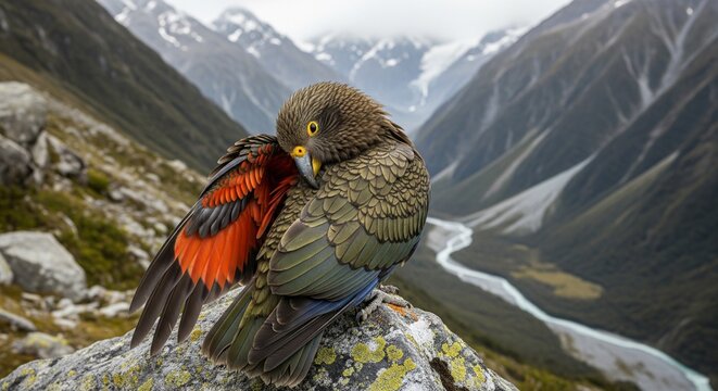 New Zealand kea bird on a rocky cliff
