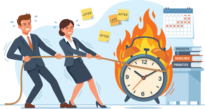Stressed business team pulling rope to stop a burning alarm clock for time management concept