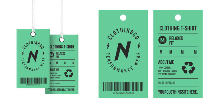 Clothing tag template with green apparel labels and barcode. Modern fashion hang tag mockup for garment branding. Isolated vector illustration