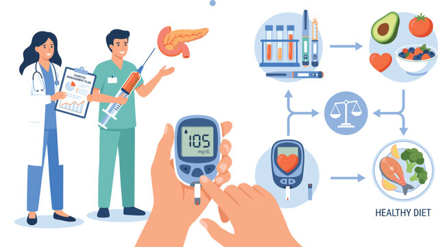 Medical team explaining diabetes management infograph plan with blood glucose meter and healthy diet concept