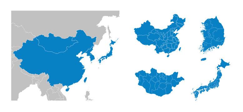 East Asia maps with regions isolated on a white background. East Asia countries maps set. Map of East Asia. Vector illustration