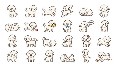 Obraz premium Cute Bichon Frise Dog Cartoon Icon Set Collection with Adorable Pet Characters Vector Illustration