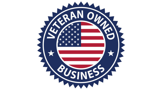 Blue circular vector illustration featuring the American flag and veteran owned business text badge design