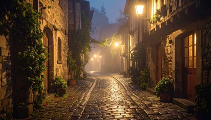 Fototapeta premium Cobblestone Street at Night, Foggy Old Town, Illuminated by Gas Lamps
