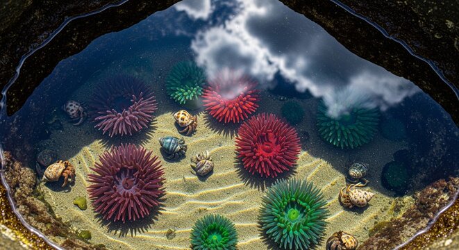 Top view of a tide pool filled with bright red and green sea anemones, small crabs, and shells with clouds reflected on the water surface