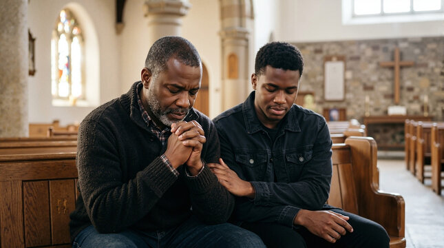 Two men praying together in church, demonstrating faith and support in religious setting. Emotional connection enhances prayer experience, reinforcing spirituality and community bonds.