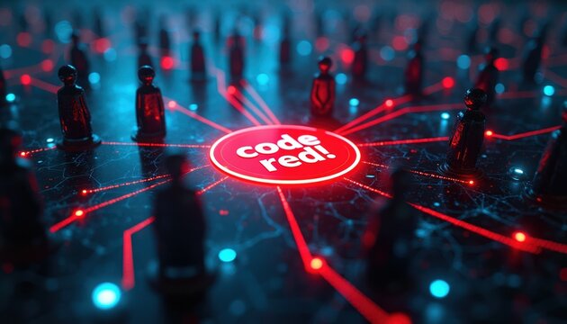 Digital network with code red. alert center. Small dark figures connect via red light beams. Futuristic cyber security concept. Danger threat emergency warning. Data breach system failure. Network