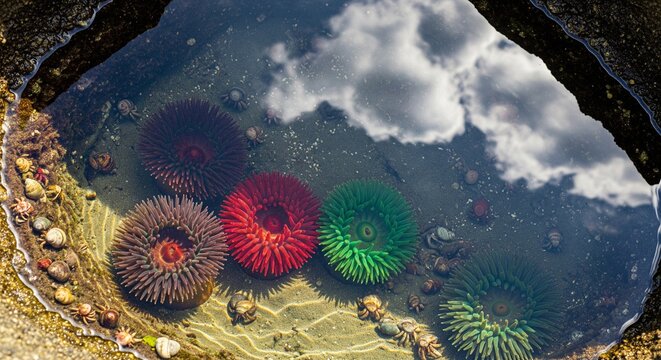 Colorful sea anemones (red, green, purple) underwater in a rock pool reflecting a cloudy blue sky