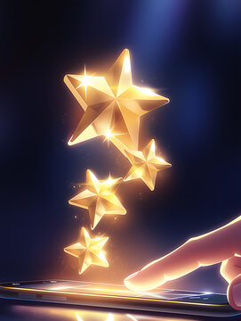 スマートフォンの画面をタップすると眩い5つ星の金星が飛び出す顧客満足度やレビュー評価のコンセプト素材