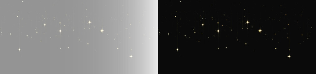Symmetrical double gold sparkle effect, isolated celestial bokeh dots and twinkling stars overlay on black and grey background © Lumına Studıo