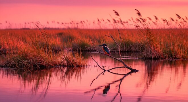 Small bird on a branch in a marsh at pink sunset