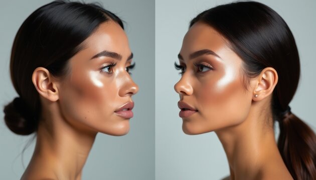 Woman features bold contour makeup and highlighting glow. Side profiles show strong cheekbones and defined jawline. Makeup artist skill creates dramatic facial structure. Beauty and fashion.