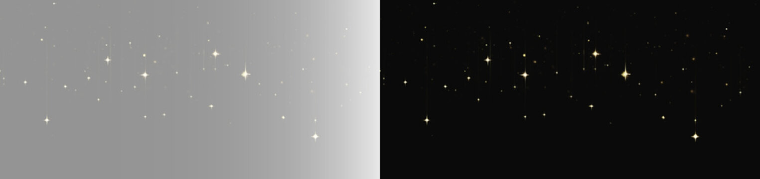 Symmetrical double gold sparkle effect, isolated celestial bokeh dots and twinkling stars overlay on black and grey background
