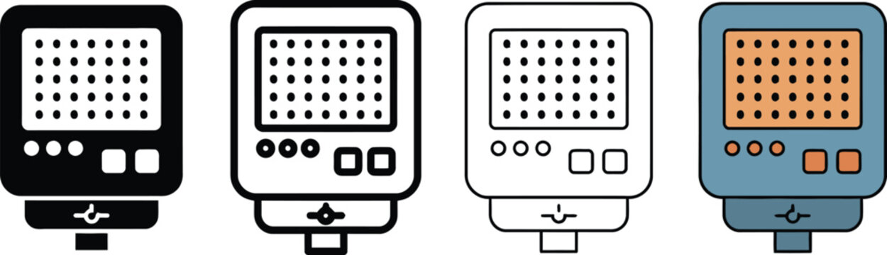 Collection of stylized graphic illustrations depicting a portable portable light meter device with a grid screen and control buttons displayed in various artistic styles