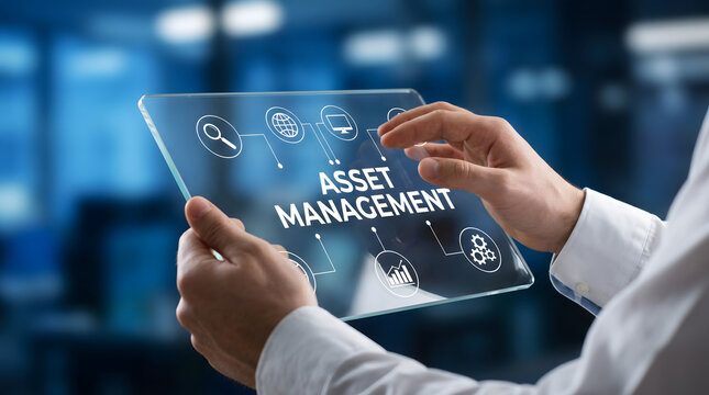 Professional businessman interacting with digital asset management interface on transparent glass tablet for corporate financial planning