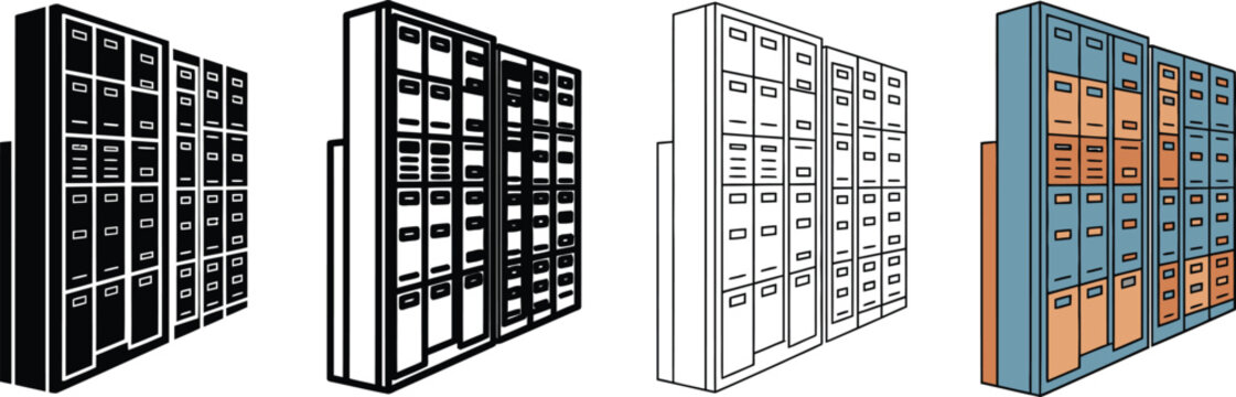 Row of four identical metal filing cabinets with multiple drawers arranged in a perspective view on a white background