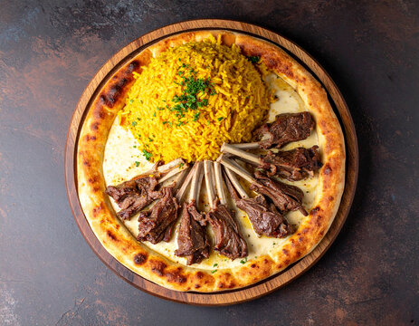 A traditional Jordanian mansaf dish with lamb cooked in jameed yogurt sauce is served over flatbread and yellow rice.
