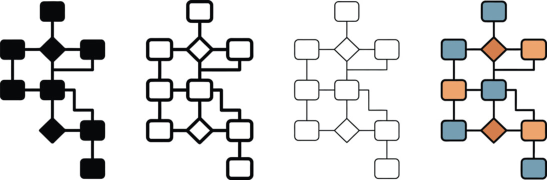 Set of four diverse flowchart diagrams displaying different stages of complexity and color variations for visual representation of processes and data flow
