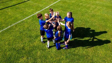 Naklejka premium Young football team celebrating goal during match on sports field.