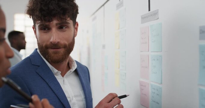 People, talking and notes on whiteboard in meeting for training, planning and agenda for audit. Office, staff and discussion with storyboard for coaching, brainstorming and ideas for investment goals