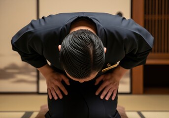 Fototapeta premium Person Wearing Traditional Uniform Performing A Formal Deep Bow In A Traditional Japanese Interior