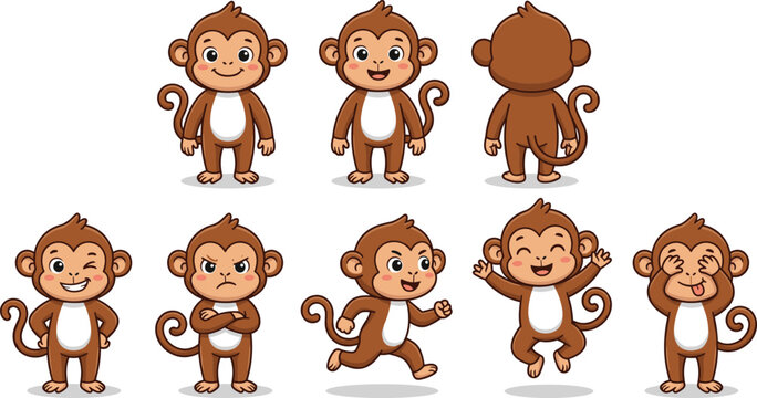 Cute Cartoon Monkey Character Vector Set with Little Brown Chimpanzee Mascot Showing Different Poses and Expressions for Kids Sticker Design