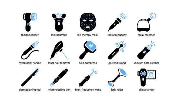Skincare device icons arranged in a grid on white background