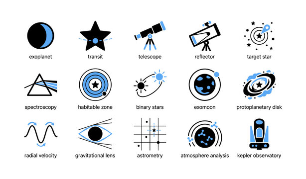 Exoplanet discovery icons showing observation methods and concepts
