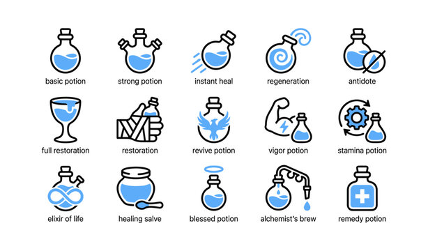 Potion and alchemy icons arranged in a grid on white background