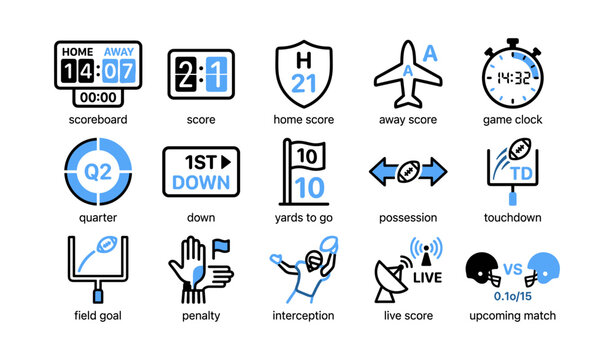 Sports scoreboard and american football icons on white background