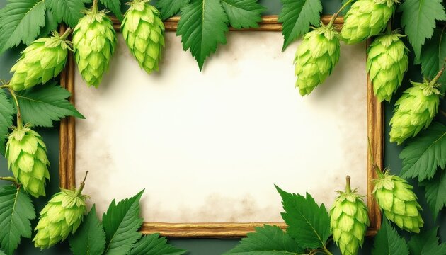 Green hops border an aged paper backdrop with a wooden frame. Leaves and cones surround empty space for text. Botanical art with rustic texture.