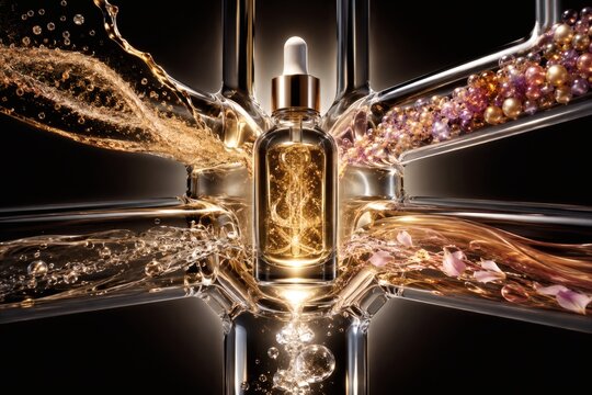 Luxury Longevity Skincare Serum With Radiant Ingredient Pathways and Advanced Biotechnology Absorption Concept on Black Background