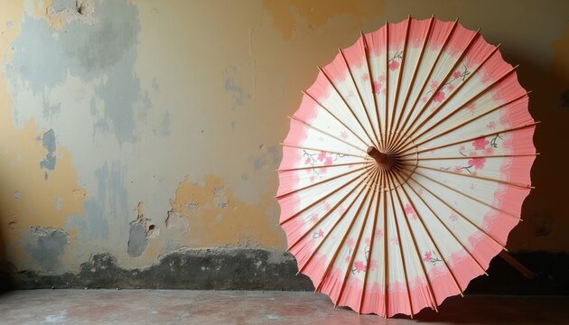 Opened pink umbrella with cherry blossoms rests on floor against textured wall. Ornate paper parasol is vintage decorative item. Elegant accessory for fashion or travel.
