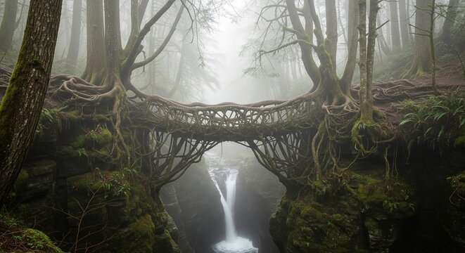 A natural bridge made of living tree branches and roots over a misty canyon with a waterfall in a deep foggy mysterious forest